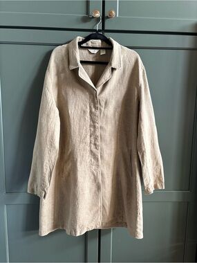 J.Jill 100% Linen Tan Button Front Tunic Shirt Jacket Classic Collar, Autumn, 14
